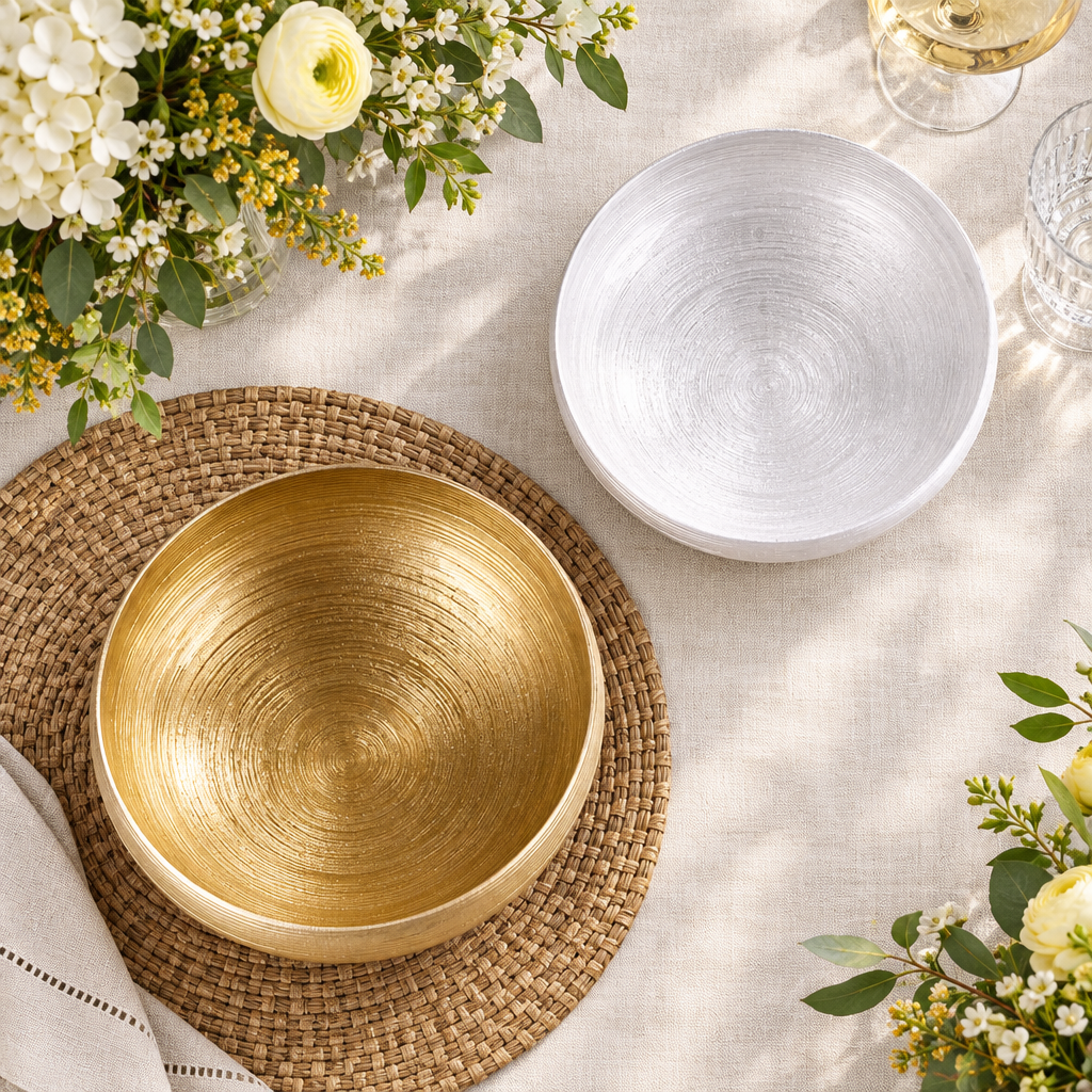 קערה זהובה וקערה לבנה מסדרת PURE GOLD על שולחן ערוך במבט מלמעלה ללא סכו״ם
